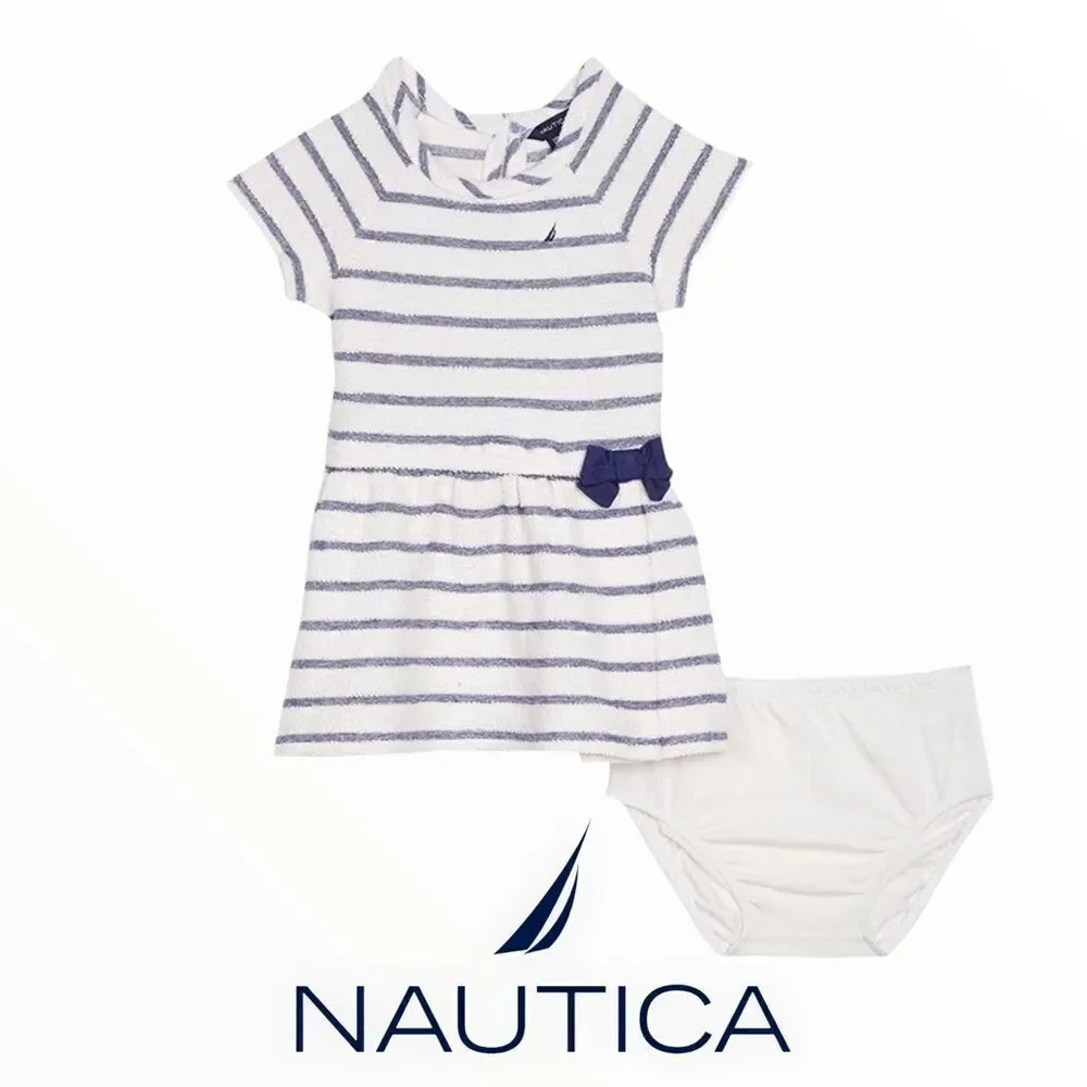 NAUTICA Kids Cream/Navy Stripes Terry Dress with Matching Bottoms NWT Size 12M